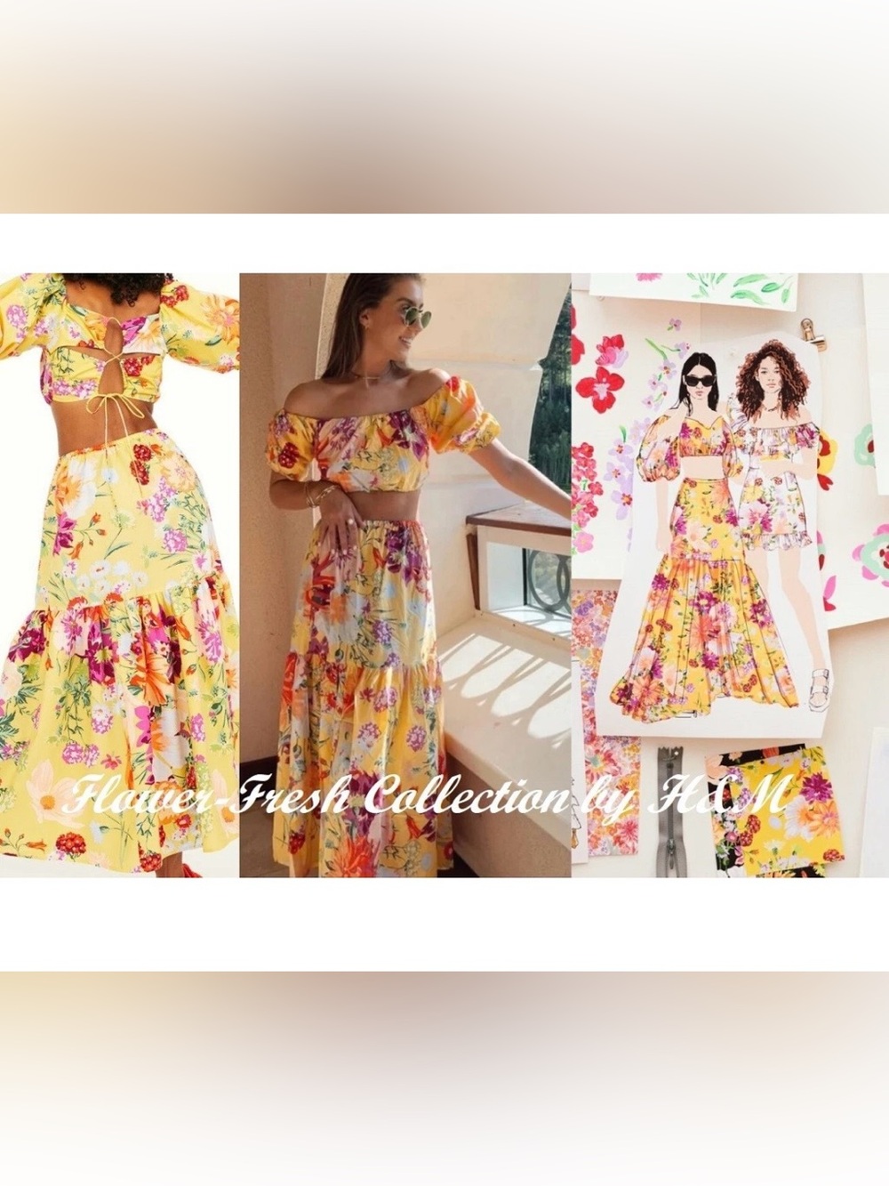 NWT Yellow Floral Tropical Resort Two-Piece Co-Ord Crop Top Maxi Skirt Set sizeM - Picture 10 of 15